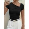 imagePRETTYGARDEN Womens 2026 Summer Asymmetrical Y2K Tops Trendy Ribbed Short Sleeve Fitted Tee Shirts Spring Fashion ClothingBlack