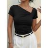 imagePRETTYGARDEN Womens 2026 Summer Asymmetrical Y2K Tops Trendy Ribbed Short Sleeve Fitted Tee Shirts Spring Fashion ClothingBlack