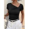 imagePRETTYGARDEN Womens 2026 Summer Asymmetrical Y2K Tops Trendy Ribbed Short Sleeve Fitted Tee Shirts Spring Fashion ClothingBlack