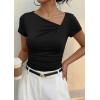 imagePRETTYGARDEN Womens 2026 Summer Asymmetrical Y2K Tops Trendy Ribbed Short Sleeve Fitted Tee Shirts Spring Fashion ClothingBlack