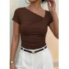 imagePRETTYGARDEN Womens 2026 Summer Asymmetrical Y2K Tops Trendy Ribbed Short Sleeve Fitted Tee Shirts Spring Fashion ClothingBrown