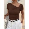 imagePRETTYGARDEN Womens 2026 Summer Asymmetrical Y2K Tops Trendy Ribbed Short Sleeve Fitted Tee Shirts Spring Fashion ClothingBrown
