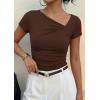 imagePRETTYGARDEN Womens 2026 Summer Asymmetrical Y2K Tops Trendy Ribbed Short Sleeve Fitted Tee Shirts Spring Fashion ClothingBrown