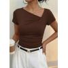 imagePRETTYGARDEN Womens 2026 Summer Asymmetrical Y2K Tops Trendy Ribbed Short Sleeve Fitted Tee Shirts Spring Fashion ClothingBrown