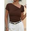 imagePRETTYGARDEN Womens 2026 Summer Asymmetrical Y2K Tops Trendy Ribbed Short Sleeve Fitted Tee Shirts Spring Fashion ClothingBrown