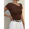 imagePRETTYGARDEN Womens 2026 Summer Asymmetrical Y2K Tops Trendy Ribbed Short Sleeve Fitted Tee Shirts Spring Fashion ClothingBrown