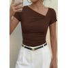imagePRETTYGARDEN Womens 2026 Summer Asymmetrical Y2K Tops Trendy Ribbed Short Sleeve Fitted Tee Shirts Spring Fashion ClothingBrown