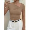 imagePRETTYGARDEN Womens 2026 Summer Asymmetrical Y2K Tops Trendy Ribbed Short Sleeve Fitted Tee Shirts Spring Fashion ClothingKhaki