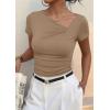 imagePRETTYGARDEN Womens 2026 Summer Asymmetrical Y2K Tops Trendy Ribbed Short Sleeve Fitted Tee Shirts Spring Fashion ClothingKhaki