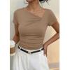 imagePRETTYGARDEN Womens 2026 Summer Asymmetrical Y2K Tops Trendy Ribbed Short Sleeve Fitted Tee Shirts Spring Fashion ClothingKhaki