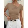 imagePRETTYGARDEN Womens 2026 Summer Asymmetrical Y2K Tops Trendy Ribbed Short Sleeve Fitted Tee Shirts Spring Fashion ClothingKhaki