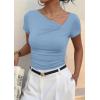 imagePRETTYGARDEN Womens 2026 Summer Asymmetrical Y2K Tops Trendy Ribbed Short Sleeve Fitted Tee Shirts Spring Fashion ClothingLight Blue