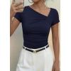 imagePRETTYGARDEN Womens 2026 Summer Asymmetrical Y2K Tops Trendy Ribbed Short Sleeve Fitted Tee Shirts Spring Fashion ClothingNavy Blue
