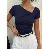 imagePRETTYGARDEN Womens 2026 Summer Asymmetrical Y2K Tops Trendy Ribbed Short Sleeve Fitted Tee Shirts Spring Fashion ClothingNavy Blue
