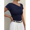 imagePRETTYGARDEN Womens 2026 Summer Asymmetrical Y2K Tops Trendy Ribbed Short Sleeve Fitted Tee Shirts Spring Fashion ClothingNavy Blue
