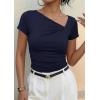 imagePRETTYGARDEN Womens 2026 Summer Asymmetrical Y2K Tops Trendy Ribbed Short Sleeve Fitted Tee Shirts Spring Fashion ClothingNavy Blue