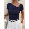imagePRETTYGARDEN Womens 2026 Summer Asymmetrical Y2K Tops Trendy Ribbed Short Sleeve Fitted Tee Shirts Spring Fashion ClothingNavy Blue