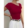imagePRETTYGARDEN Womens 2026 Summer Asymmetrical Y2K Tops Trendy Ribbed Short Sleeve Fitted Tee Shirts Spring Fashion ClothingRed