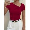 imagePRETTYGARDEN Womens 2026 Summer Asymmetrical Y2K Tops Trendy Ribbed Short Sleeve Fitted Tee Shirts Spring Fashion ClothingRed