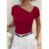 imagePRETTYGARDEN Womens 2026 Summer Asymmetrical Y2K Tops Trendy Ribbed Short Sleeve Fitted Tee Shirts Spring Fashion ClothingRed