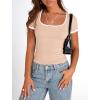 imagePRETTYGARDEN Womens 2026 Summer Short Sleeve Ribbed Knit T Shirts Square Neck Color Block Slim Fit Basic Tees Going Out TopsApricot