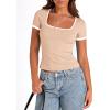 imagePRETTYGARDEN Womens 2026 Summer Short Sleeve Ribbed Knit T Shirts Square Neck Color Block Slim Fit Basic Tees Going Out TopsApricot