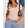 imagePRETTYGARDEN Womens 2026 Summer Short Sleeve Ribbed Knit T Shirts Square Neck Color Block Slim Fit Basic Tees Going Out TopsApricot