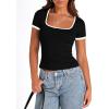 imagePRETTYGARDEN Womens 2026 Summer Short Sleeve Ribbed Knit T Shirts Square Neck Color Block Slim Fit Basic Tees Going Out TopsBlack
