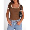 imagePRETTYGARDEN Womens 2026 Summer Short Sleeve Ribbed Knit T Shirts Square Neck Color Block Slim Fit Basic Tees Going Out TopsBrown