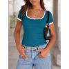 imagePRETTYGARDEN Womens 2026 Summer Short Sleeve Ribbed Knit T Shirts Square Neck Color Block Slim Fit Basic Tees Going Out TopsDark Blue