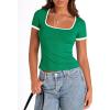 imagePRETTYGARDEN Womens 2026 Summer Short Sleeve Ribbed Knit T Shirts Square Neck Color Block Slim Fit Basic Tees Going Out TopsGreen