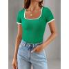 imagePRETTYGARDEN Womens 2026 Summer Short Sleeve Ribbed Knit T Shirts Square Neck Color Block Slim Fit Basic Tees Going Out TopsGreen