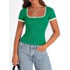 imagePRETTYGARDEN Womens 2026 Summer Short Sleeve Ribbed Knit T Shirts Square Neck Color Block Slim Fit Basic Tees Going Out TopsGreen