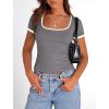 imagePRETTYGARDEN Womens 2026 Summer Short Sleeve Ribbed Knit T Shirts Square Neck Color Block Slim Fit Basic Tees Going Out TopsGrey