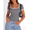imagePRETTYGARDEN Womens 2026 Summer Short Sleeve Ribbed Knit T Shirts Square Neck Color Block Slim Fit Basic Tees Going Out TopsGrey