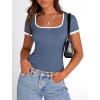 imagePRETTYGARDEN Womens 2026 Summer Short Sleeve Ribbed Knit T Shirts Square Neck Color Block Slim Fit Basic Tees Going Out TopsGrey Blue