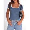 imagePRETTYGARDEN Womens 2026 Summer Short Sleeve Ribbed Knit T Shirts Square Neck Color Block Slim Fit Basic Tees Going Out TopsGrey Blue