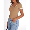 imagePRETTYGARDEN Womens 2026 Summer Short Sleeve Ribbed Knit T Shirts Square Neck Color Block Slim Fit Basic Tees Going Out TopsKhaki