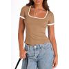 imagePRETTYGARDEN Womens 2026 Summer Short Sleeve Ribbed Knit T Shirts Square Neck Color Block Slim Fit Basic Tees Going Out TopsKhaki