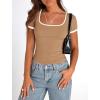 imagePRETTYGARDEN Womens 2026 Summer Short Sleeve Ribbed Knit T Shirts Square Neck Color Block Slim Fit Basic Tees Going Out TopsKhaki