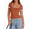 imagePRETTYGARDEN Womens 2026 Summer Short Sleeve Ribbed Knit T Shirts Square Neck Color Block Slim Fit Basic Tees Going Out TopsRust Red