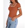 imagePRETTYGARDEN Womens 2026 Summer Short Sleeve Ribbed Knit T Shirts Square Neck Color Block Slim Fit Basic Tees Going Out TopsRust Red