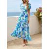 imagePRETTYGARDEN Womens Boho Floral Maxi Dress Summer Short Sleeve Wrap V Neck Long Flowy Beach Vacation Wedding Guest DressesBlue Floral