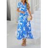 imagePRETTYGARDEN Womens Boho Floral Maxi Dress Summer Short Sleeve Wrap V Neck Long Flowy Beach Vacation Wedding Guest DressesBlue White Flower