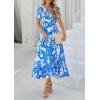 imagePRETTYGARDEN Womens Boho Floral Maxi Dress Summer Short Sleeve Wrap V Neck Long Flowy Beach Vacation Wedding Guest DressesBlue White Flower