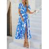 imagePRETTYGARDEN Womens Boho Floral Maxi Dress Summer Short Sleeve Wrap V Neck Long Flowy Beach Vacation Wedding Guest DressesBlue White Flower