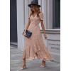imagePRETTYGARDEN Womens Boho Floral Maxi Dress Summer Short Sleeve Wrap V Neck Long Flowy Beach Vacation Wedding Guest DressesBrown