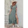 imagePRETTYGARDEN Womens Boho Floral Maxi Dress Summer Short Sleeve Wrap V Neck Long Flowy Beach Vacation Wedding Guest DressesDark Green Floral