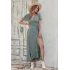 imagePRETTYGARDEN Womens Boho Floral Maxi Dress Summer Short Sleeve Wrap V Neck Long Flowy Beach Vacation Wedding Guest DressesDark Green Floral