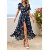 imagePRETTYGARDEN Womens Boho Floral Maxi Dress Summer Short Sleeve Wrap V Neck Long Flowy Beach Vacation Wedding Guest DressesDot Navy White